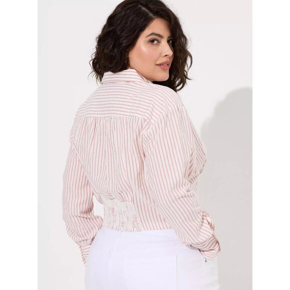 TORRID Cotton Crop Button Up Shirt Size 3X Dusty Rose Striped Smocked Back - Picture 2 of 11